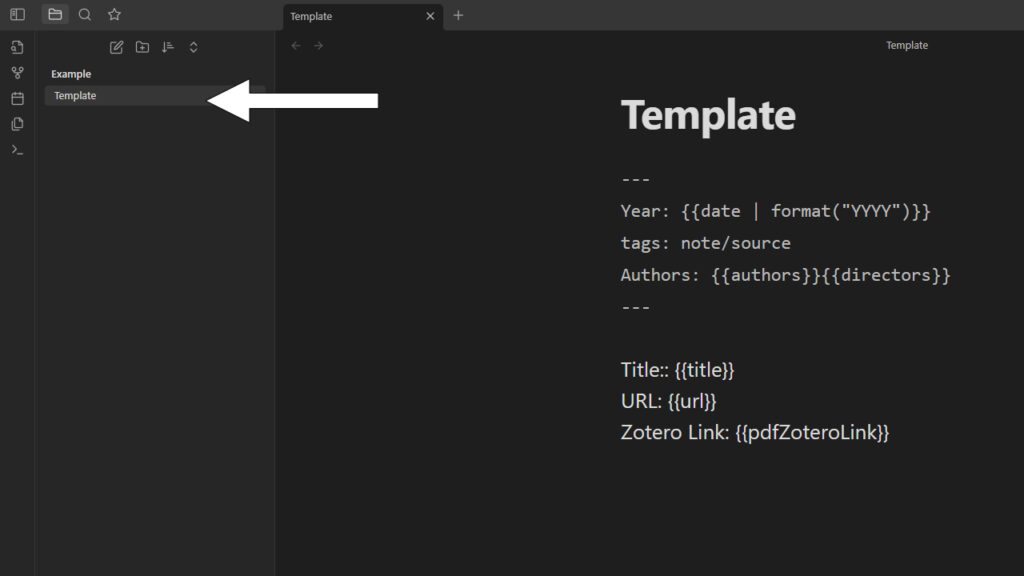create new Zotero template file in left side panel